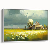 Framed canvas of vintage-style landscape art paintings featuring colorful cottages, ideal for living room decor.