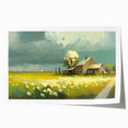 Rolled print of a floral art depicting cottages in soft pastel shades, ideal for dining room wall decor.