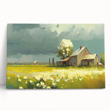 Black and white image of quaint cottages in a row on stretched canvas, suitable for kitchen wall art.