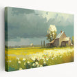 Side view of a large stretched canvas featuring a collection of minimalist architecture and cottage designs in muted earth…