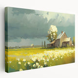 Side view of a large stretched canvas featuring a collection of minimalist architecture and cottage designs in muted earth…