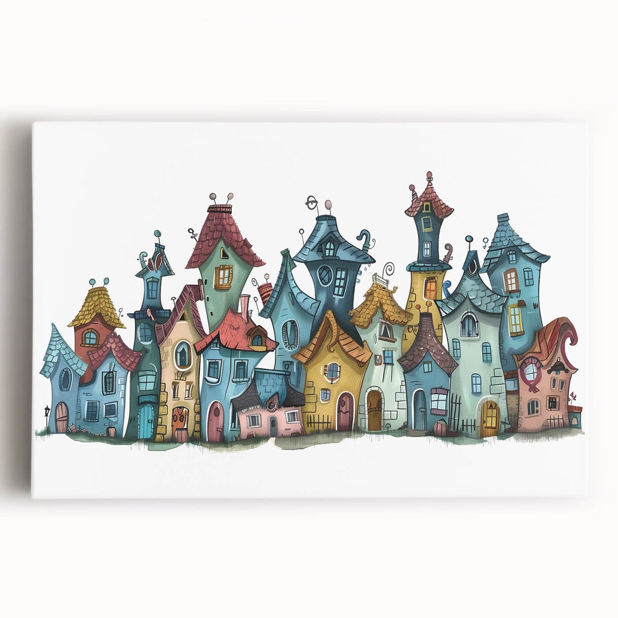 Black and white photograph of quaint cottages on stretched canvas, ideal for kitchen wall art.