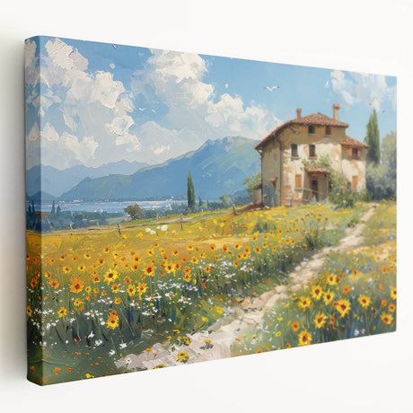 Row of colorful cottage facades printed on large stretched canvas, suitable for kitchen wall art.