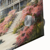 Large abstract wall art depicting mid-century modernist cottages in muted earth tones on acrylic glass.