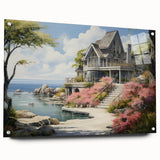 Acrylic glass print of large abstract wall art featuring asymmetric cottage designs in neutral tones.