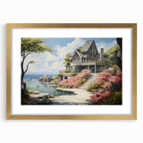 Textured abstract art print of cottages in muted earth tones, framed in gold, ideal for bedroom art.