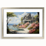 Abstract art print depicting geometric shapes in muted gray and blue tones, framed in silver, ideal for dining room decor.