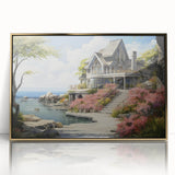 Mid-century modernist art featuring a row of stylized cottages in muted earth tones, framed in gold acrylic.