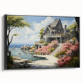 Black and white framed canvas featuring a vintage poster art style landscape of cottages, ideal for bedroom wall decor.