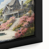Extra large black wall art featuring textured, colorful cottages design on a framed canvas, ideal for living room decor.