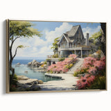 Vintage poster art of colorful cottages, printed on a large framed canvas, ideal for living room decor.