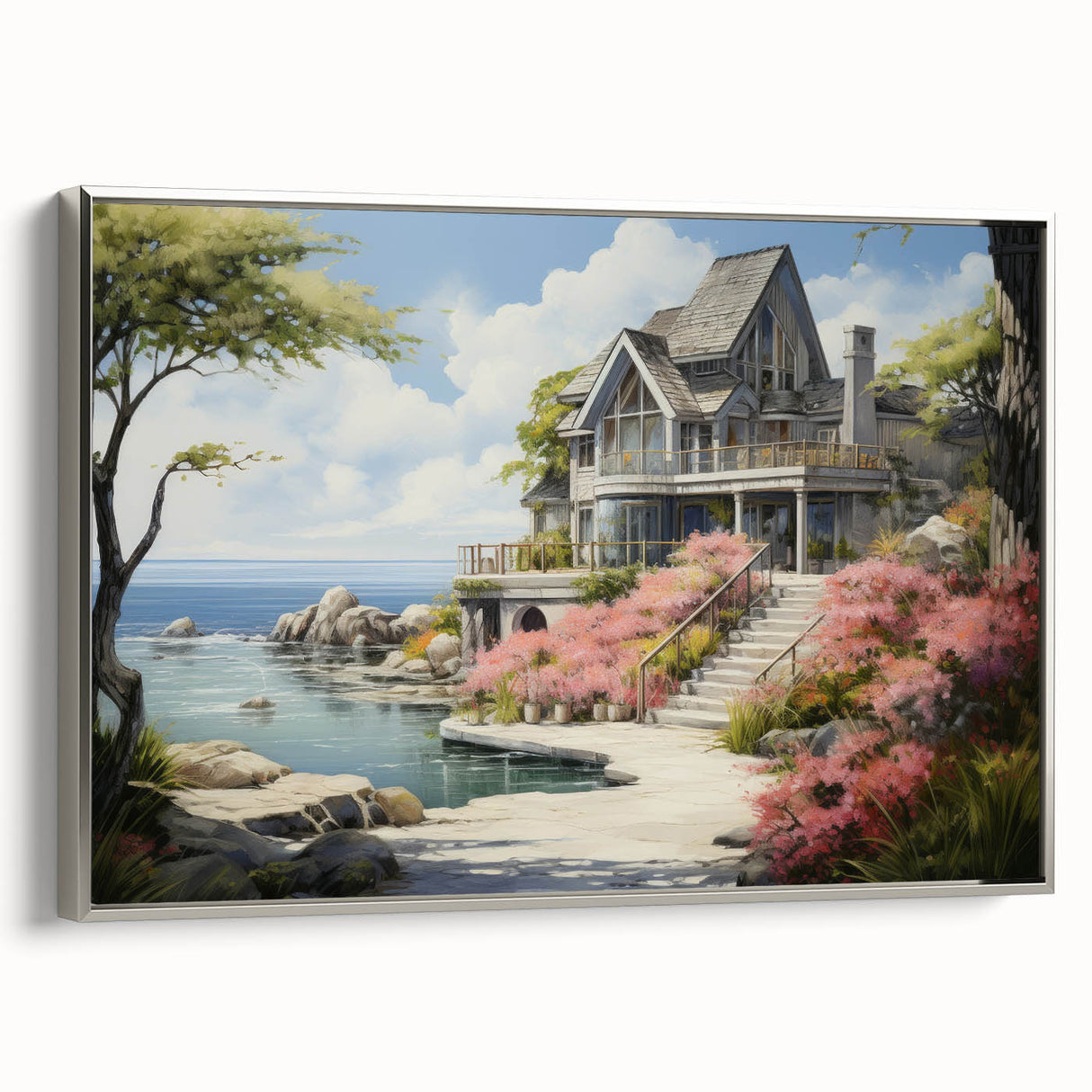 Vintage poster art of cottages in a landscape, rendered on framed canvas with silver accents.
