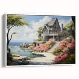 Framed canvas depicting a vintage-style landscape painting of colorful cottages, ideal for enhancing living room decor.
