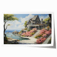 Rolled print of quaint cottages in muted earth tones, ideal for art wall dining room or classy bathroom wall art.