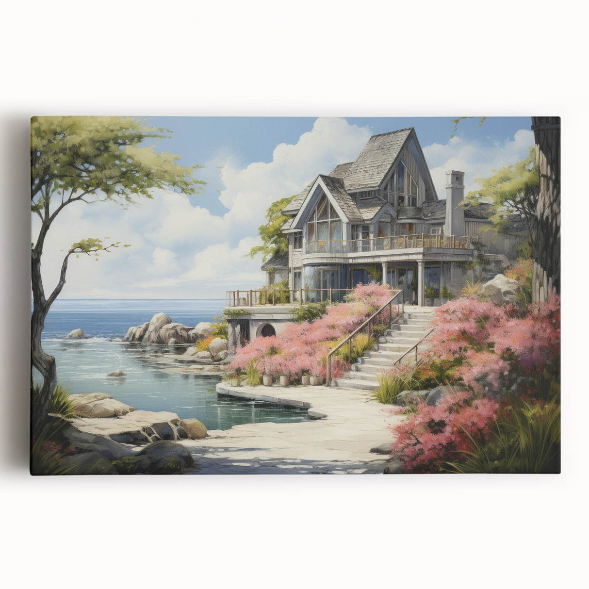 Black and white photograph of quaint cottages on stretched canvas, ideal for kitchen wall art.