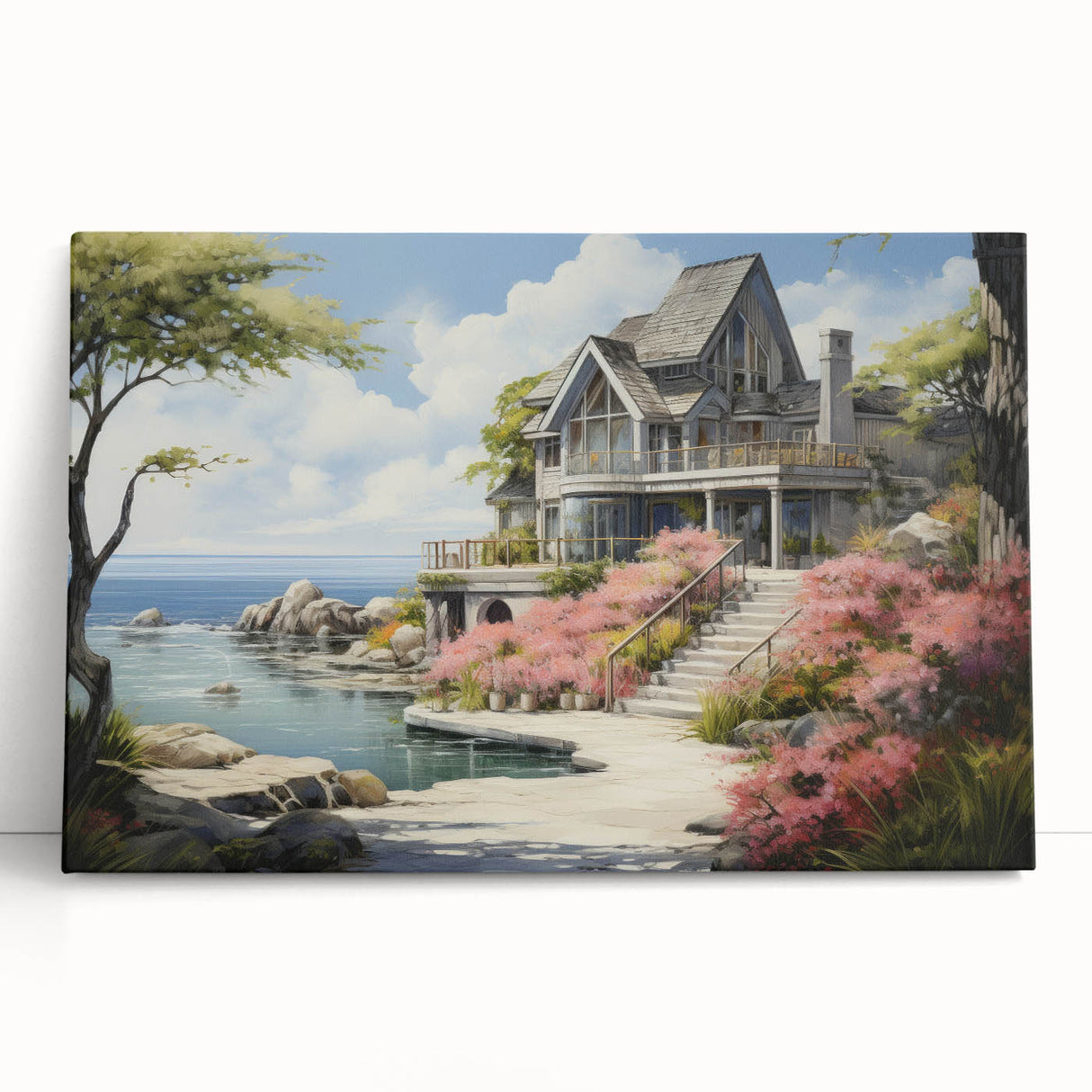 Black and white photograph of cottages on stretched canvas, ideal for kitchen wall art or bedroom decor.