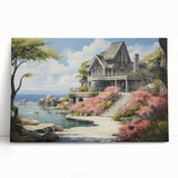 Black and white photograph of cottages on stretched canvas, ideal for kitchen wall art or bedroom decor.