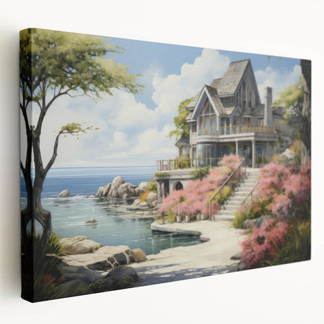 Large art print of quaint cottages in muted earth tones on stretched canvas, ideal for kitchen wall decor.