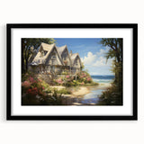 Extra large abstract art print featuring textured, colorful art of cottages in a black frame, ideal for living room decor.