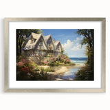 Textured abstract art print of cottages in muted earth tones on a framed silver mat, ideal for bedroom art.