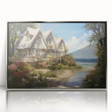 Art Deco style poster featuring a series of stylized cottages in silver and gray tones, framed acrylic.