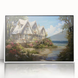 Mid-century modernist art of cottages in muted tones on a large acrylic print, ideal for nursery wall decor.