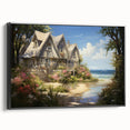 Black and white framed canvas featuring a vintage poster art of quaint cottages, ideal for bedroom wall decor.