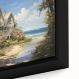 Extra large framed canvas featuring a close-up of textured, colorful cottages in a black background.