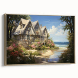 Vintage poster art of colorful cottages, framed canvas in gold, ideal for extra large living room wall.