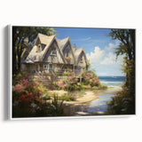 Framed canvas featuring a landscape painting of colorful cottages in a vintage poster style.