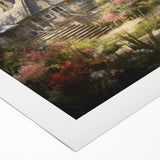 Art deco poster of colorful, geometric cottages on rolled canvas, suitable for dining room decor.