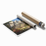 Extra large rolled print featuring a row of pastel-colored cottages.