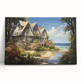 Black and white photo of cottages in a minimalist style on stretched canvas, ideal for kitchen wall art.