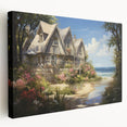 Large canvas print of a quaint cottage scene in muted earth tones, ideal for kitchen wall decor.