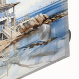 Large abstract wall art in mid-century modernist style on acrylic, featuring geometric shapes in earth tones.