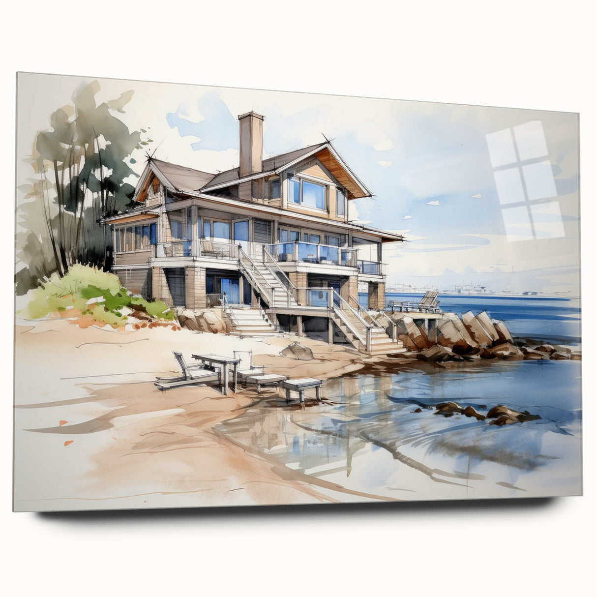 Large abstract wall art featuring a series of minimalist cottages in muted earth tones, printed on acrylic glass.