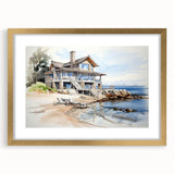 Abstract art print of geometric shapes in muted gold and beige tones, framed in gold, ideal for dining room decor.