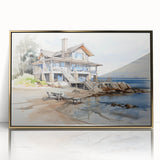 Mid-century modernist cottages in muted earth tones on a large framed acrylic print.