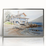 Mid-century modernist art depicting a series of stylized cottages in muted earth tones, framed in silver acrylic.