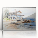 Art deco poster featuring a collection of white cottages in a minimalist style, framed acrylic.