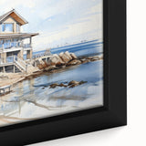 Extra large framed canvas featuring textured, colorful art of black cottages, ideal for living room decor.