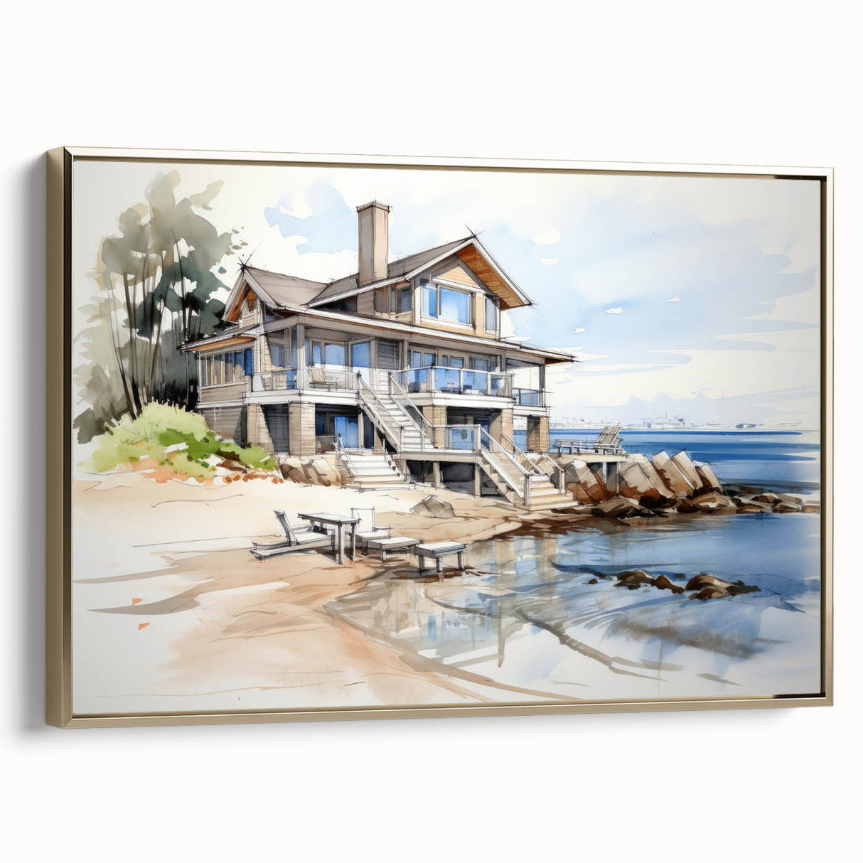 Vintage poster art of colorful cottages, framed canvas in gold, ideal for extra large living room wall.