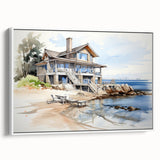 Framed canvas featuring a vintage-style landscape painting of colorful cottages, ideal for adding character to a living room.