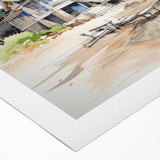 Art deco poster featuring a row of colorful cottages, printed on rolled canvas, suitable for dining room wall art.