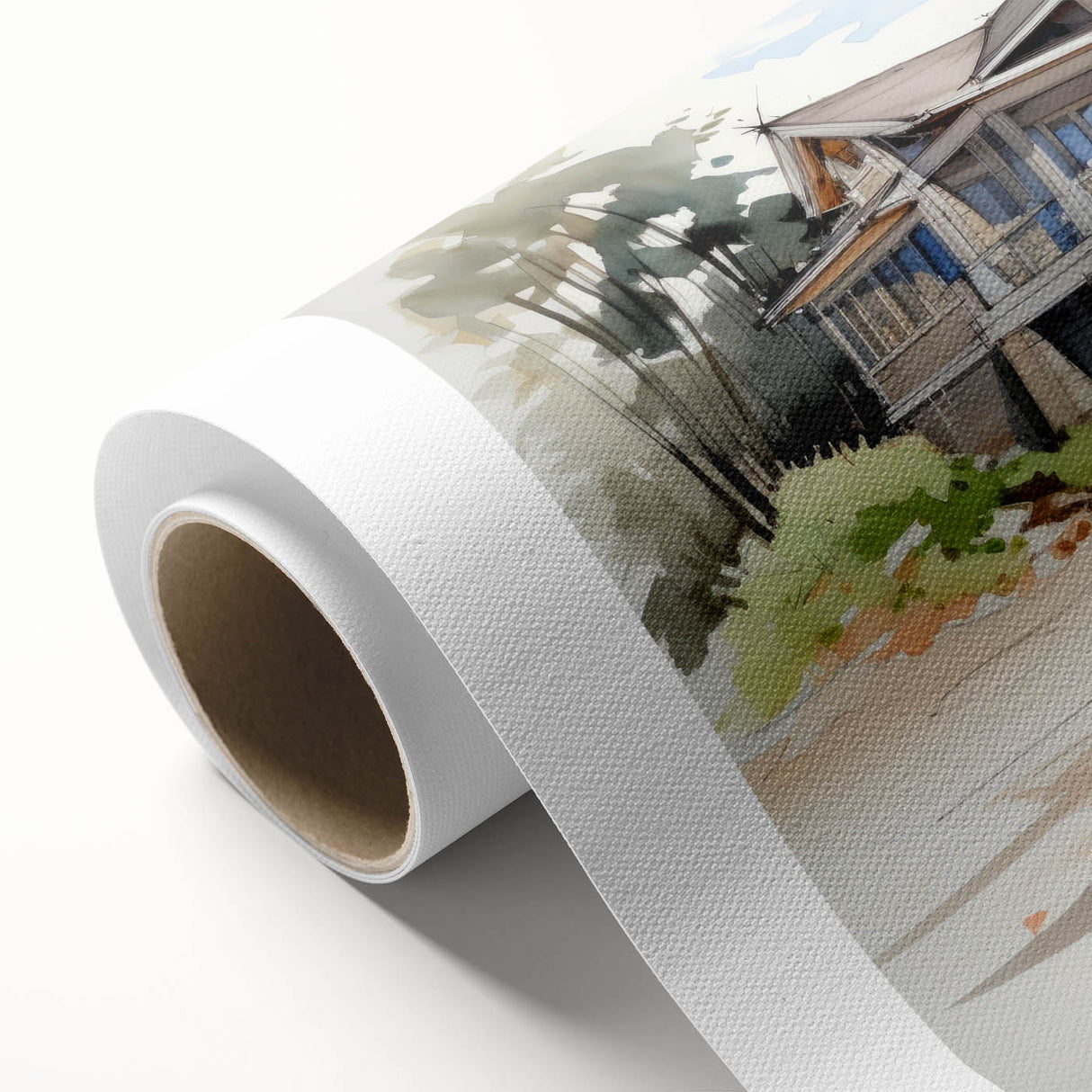 Art deco poster of quaint cottages in soft pastel shades, printed on rolled canvas, ideal for nursery wall art.