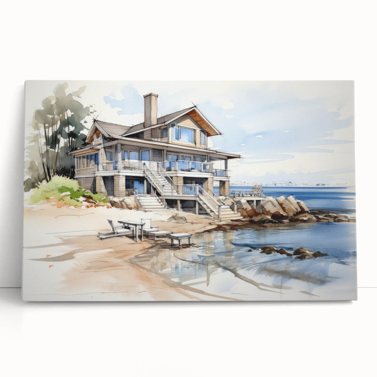 Black and white photo of quaint cottages on stretched canvas, ideal for kitchen wall art or bedroom.