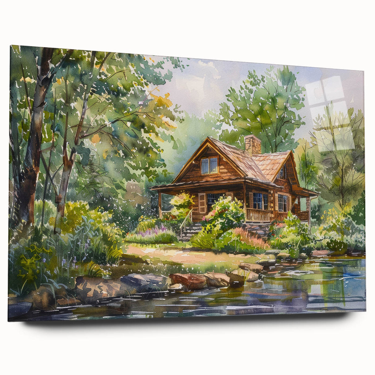 Large abstract wall art featuring a collage of colorful cottages, printed on acrylic glass.