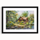 Extra large abstract art print featuring textured, colorful art of cottages, in black frame, ideal for living room decor.