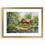 Abstract art print of geometric shapes in muted gold and white, framed in gold, ideal for dining room decor.