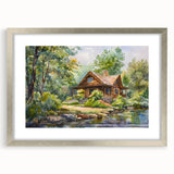 Textured abstract art print of cottages in muted earth tones on a silver-framed mat, suitable for bedroom decor.